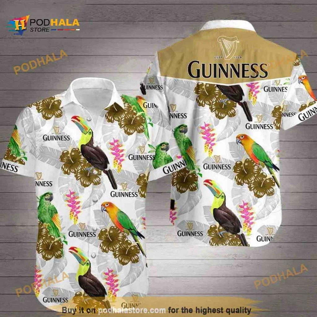 Guinness Tropical Birds Hawaiian Shirt With Hibiscus Flowers