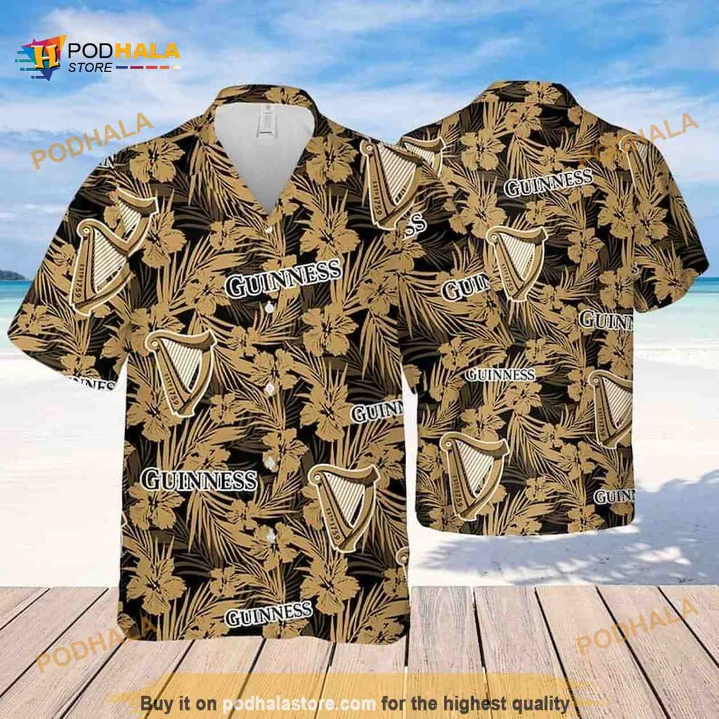 Guinness Tropical Flower Aloha Shirt With Iconic Harp Logo