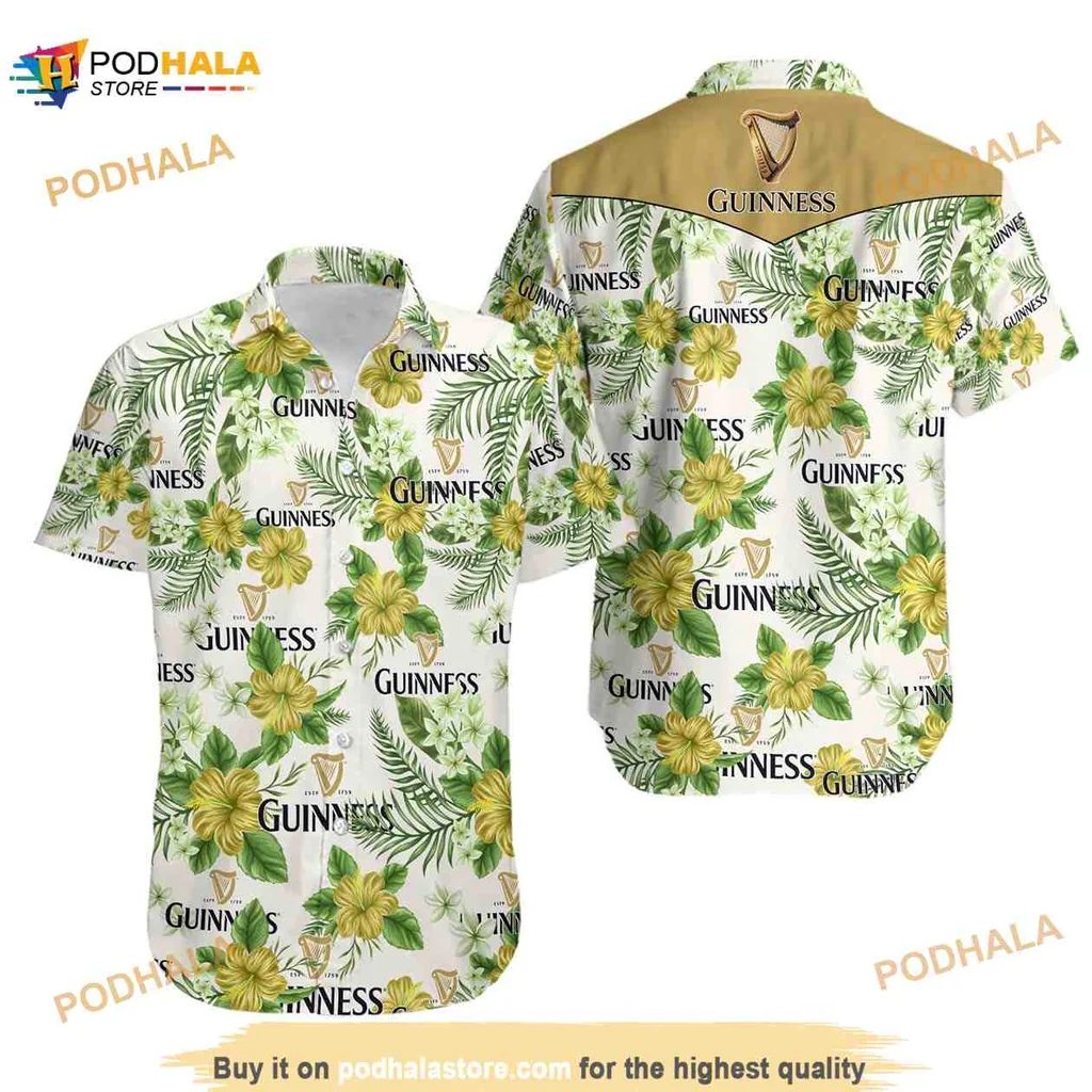 Guinness Tropical Hawaiian Shirt With Hibiscus Flowers And Harp Logo