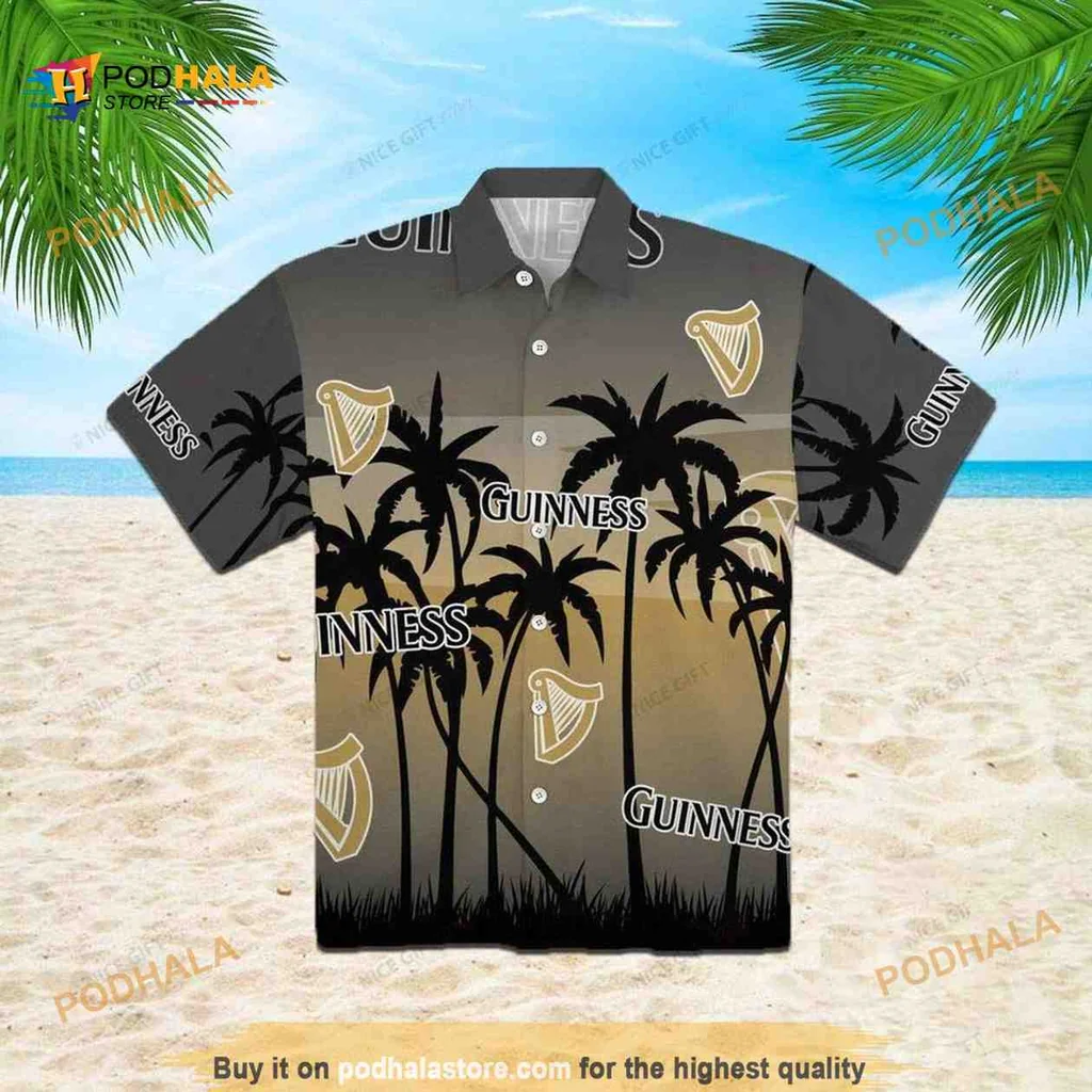 Guinness Tropical Hawaiian Shirt With Palm Trees And Sunset Design