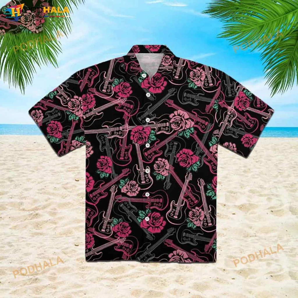 Guitar Lover Hawaiian Shirt Featuring Vibrant Roses And Musical Designs