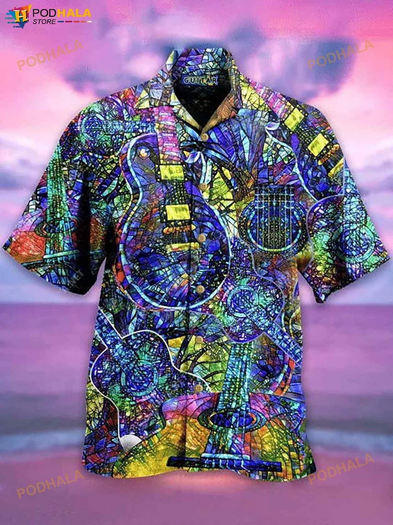 Guitar Lover Hawaiian Shirt Featuring Vibrant Stained Glass Design