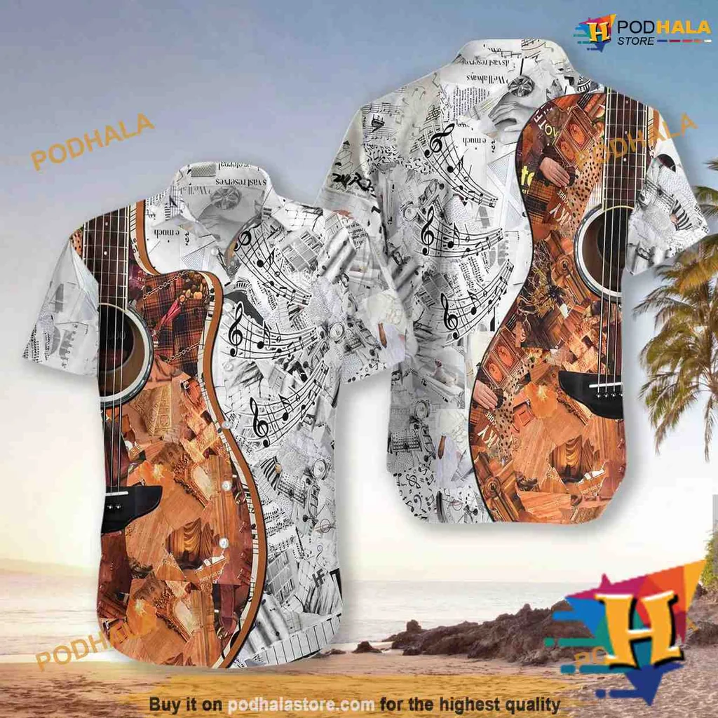 Guitar Music Hawaiian Shirt Featuring Festive Musical Notes