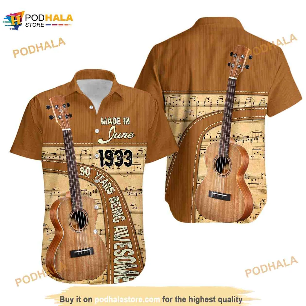 Guitar Vintage Hawaiian Shirt, 90 Years Being Awesome Design Guitar Vintage Hawaiian Shirt, 90 Years Being Awesome Design