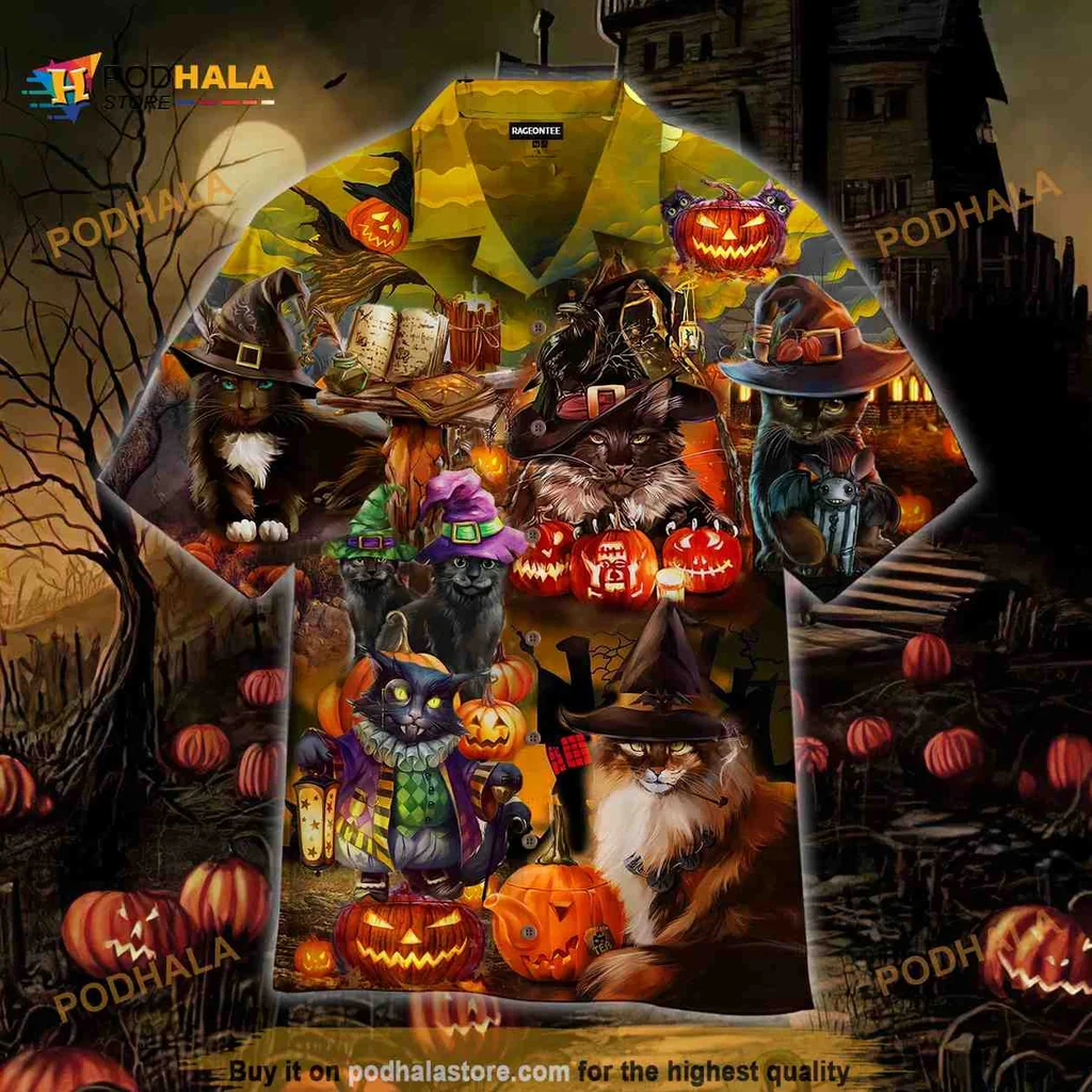 Halloween Black Cat Hawaiian Shirt With Whimsical Costumes And Pumpkins