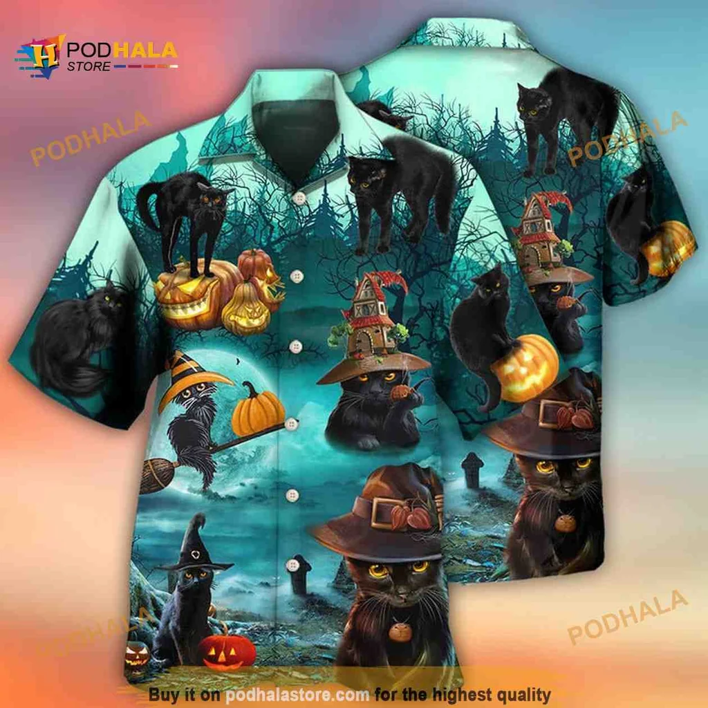 Halloween Black Cat Pumpkin Hawaiian Shirt With Whimsical Design