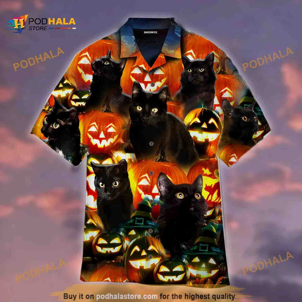 Halloween Black Cats Hawaiian Shirt With Glowing Jack O Lanterns
