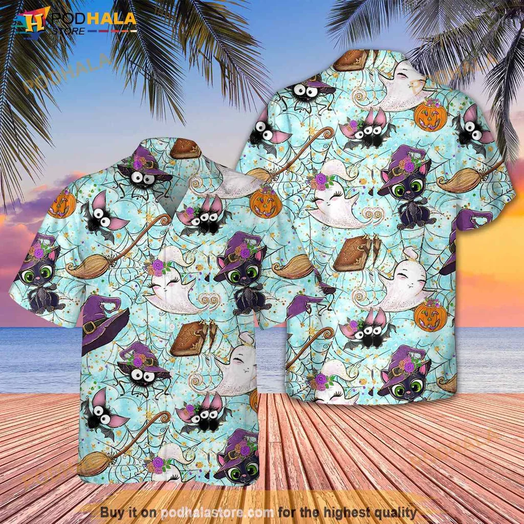 Halloween Cat Tropical Shirt With Whimsical Pumpkins And Ghosts