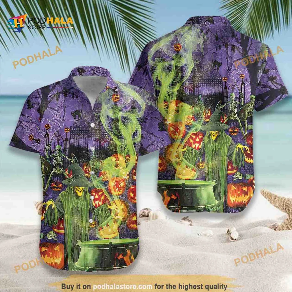 Halloween Cauldron Hawaiian Shirt With Bubbling Green Smoke And Pumpkins
