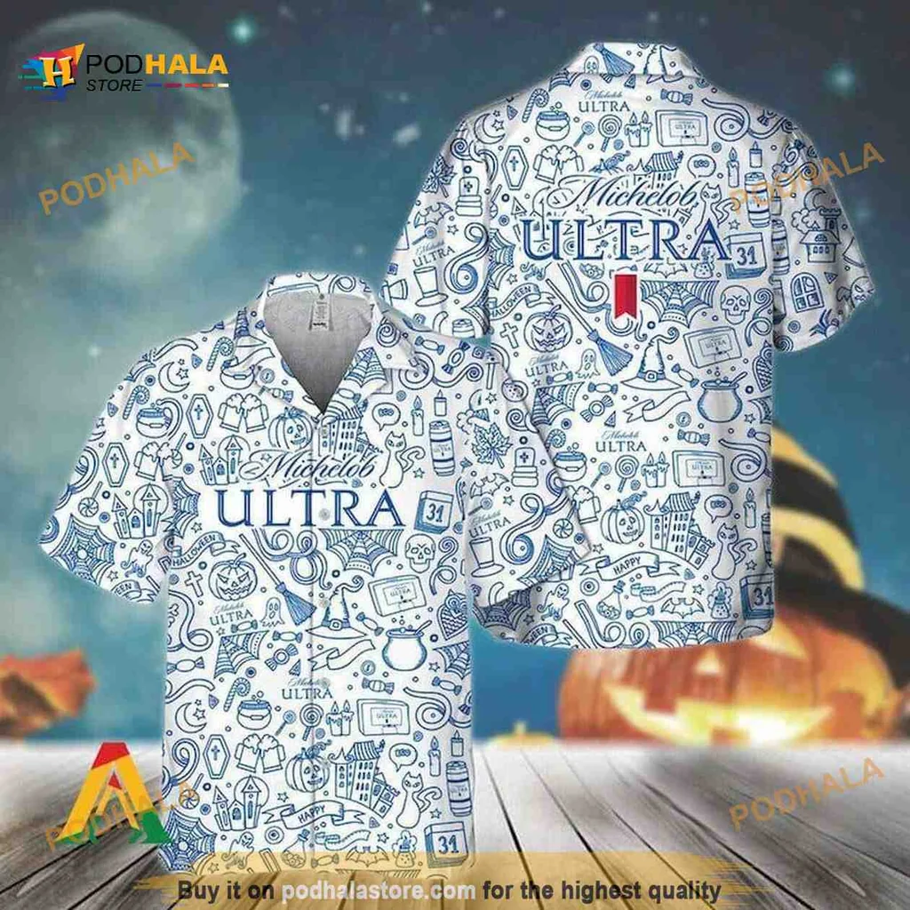 Halloween Doodle Art Hawaiian Shirt With Spooky Icons And Michelob Ultra