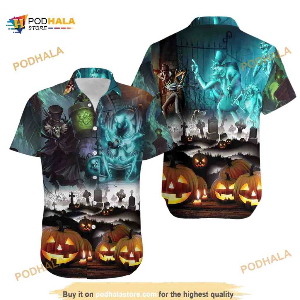 Halloween Graveyard Hawaiian Shirt With Spooky Ghosts And Pumpkins