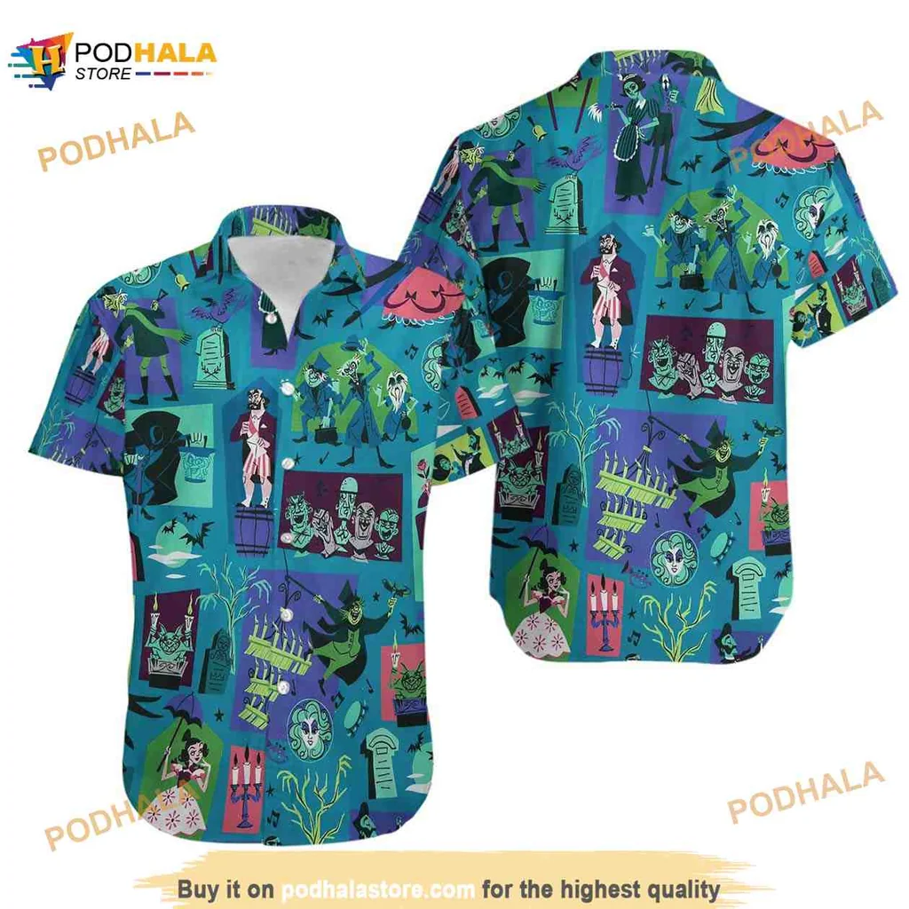 Halloween Haunted Mansion Hawaiian Shirt With Spooky Cartoon Ghosts