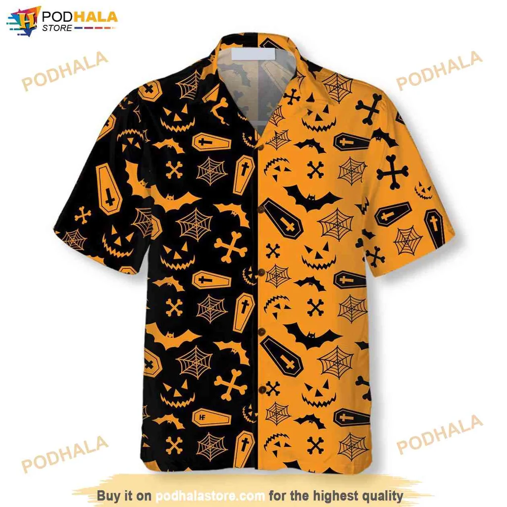 Halloween Horror Aloha Shirt, Spooky Summer Shirt Gift With Bats And Skulls