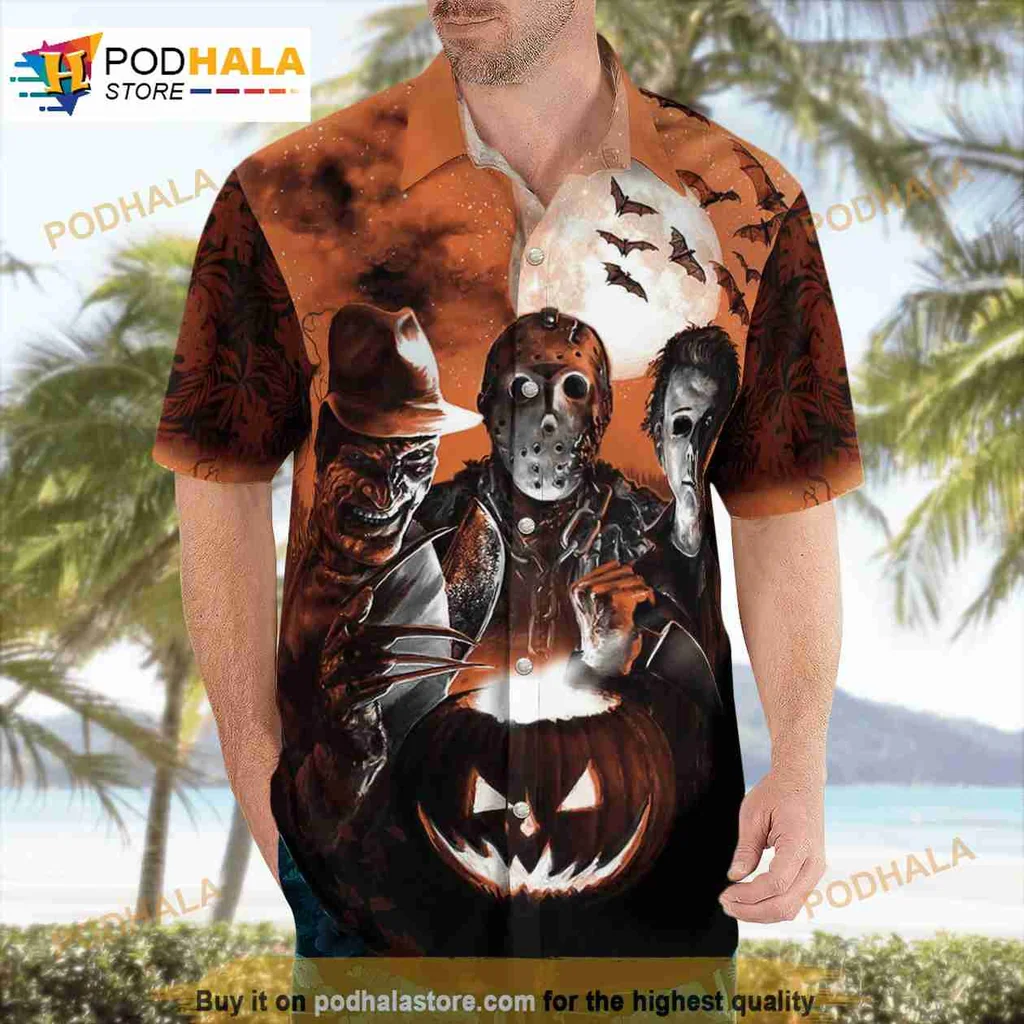 Halloween Horror Tropical Tropical Shirt With Spooky Pumpkin And Bats Halloween Horror Tropical Tropical Shirt With Spooky Pumpkin And Bats
