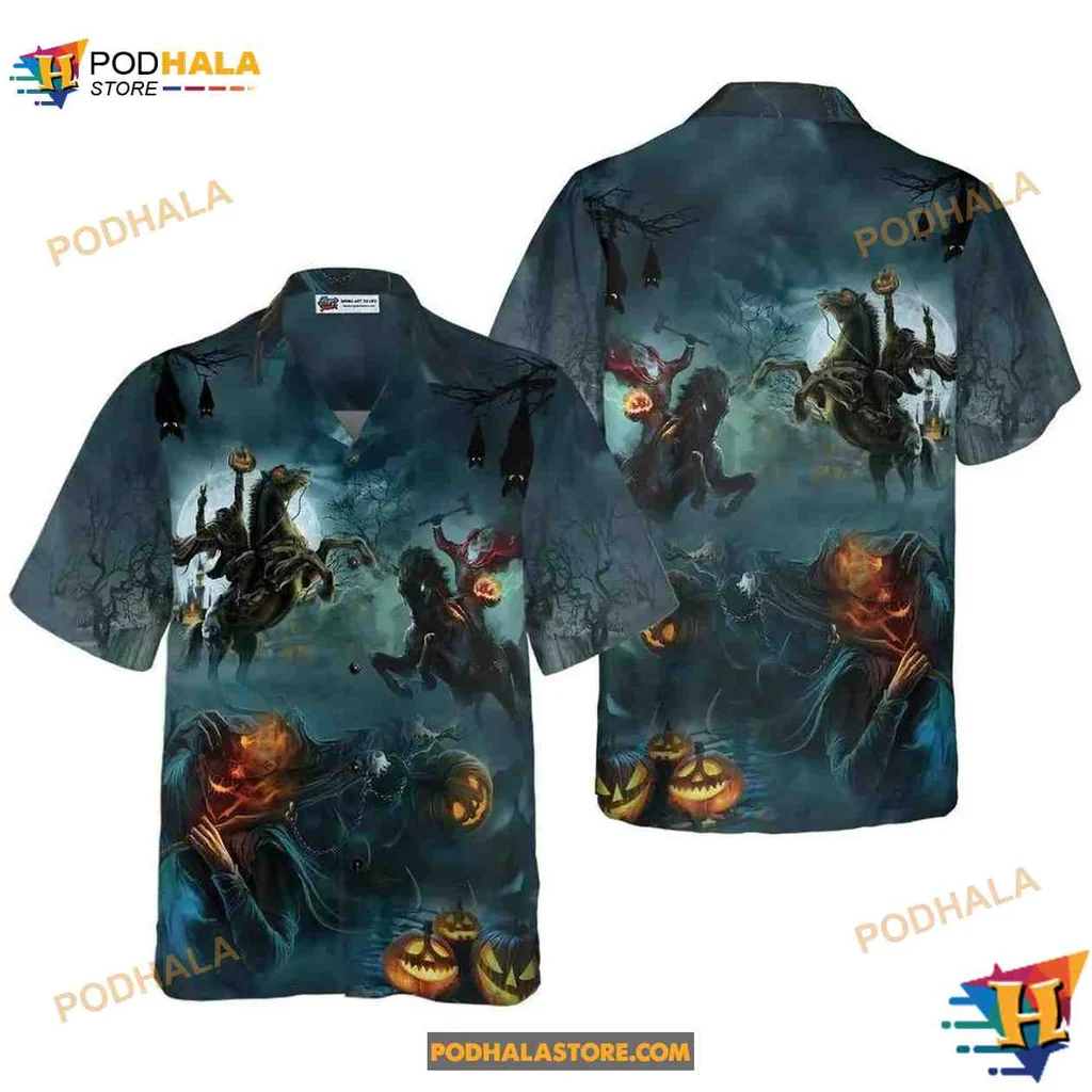 Halloween Horse Lovers Hawaiian Shirt With Ghostly Riders And Pumpkins
