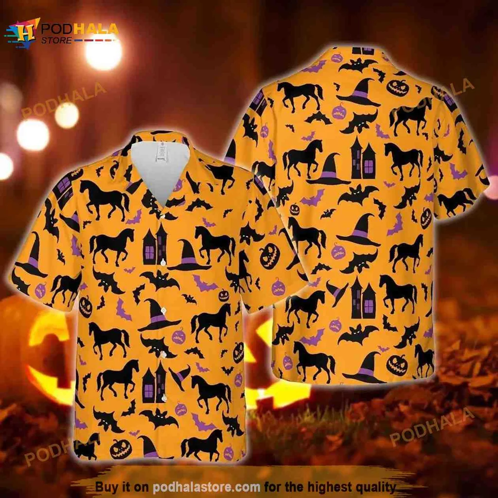Halloween Horse Pattern Hawaiian Shirt With Pumpkins And Bats