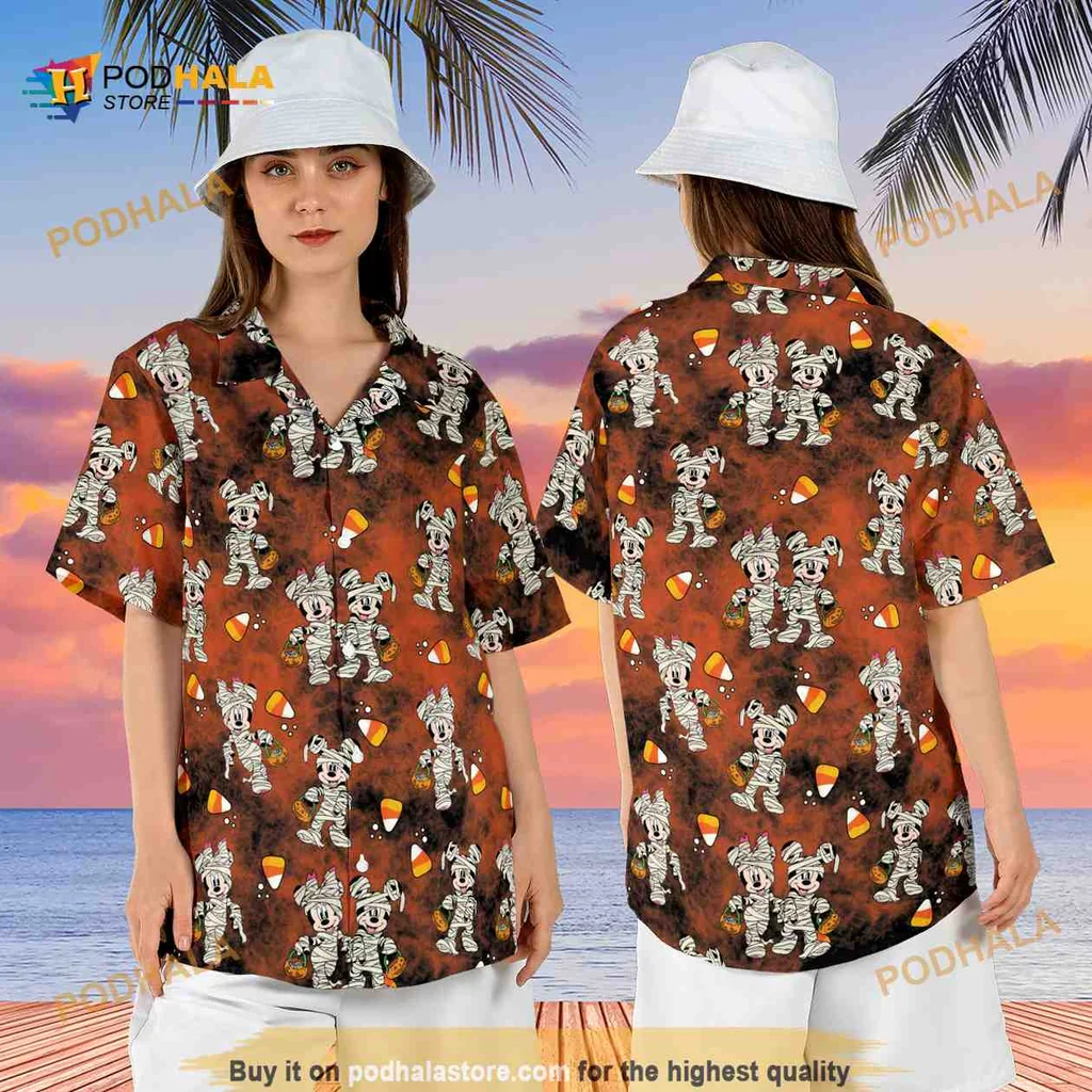 Halloween Mickey Minnie Mummy Hawaiian Shirt With Candy Corn Design