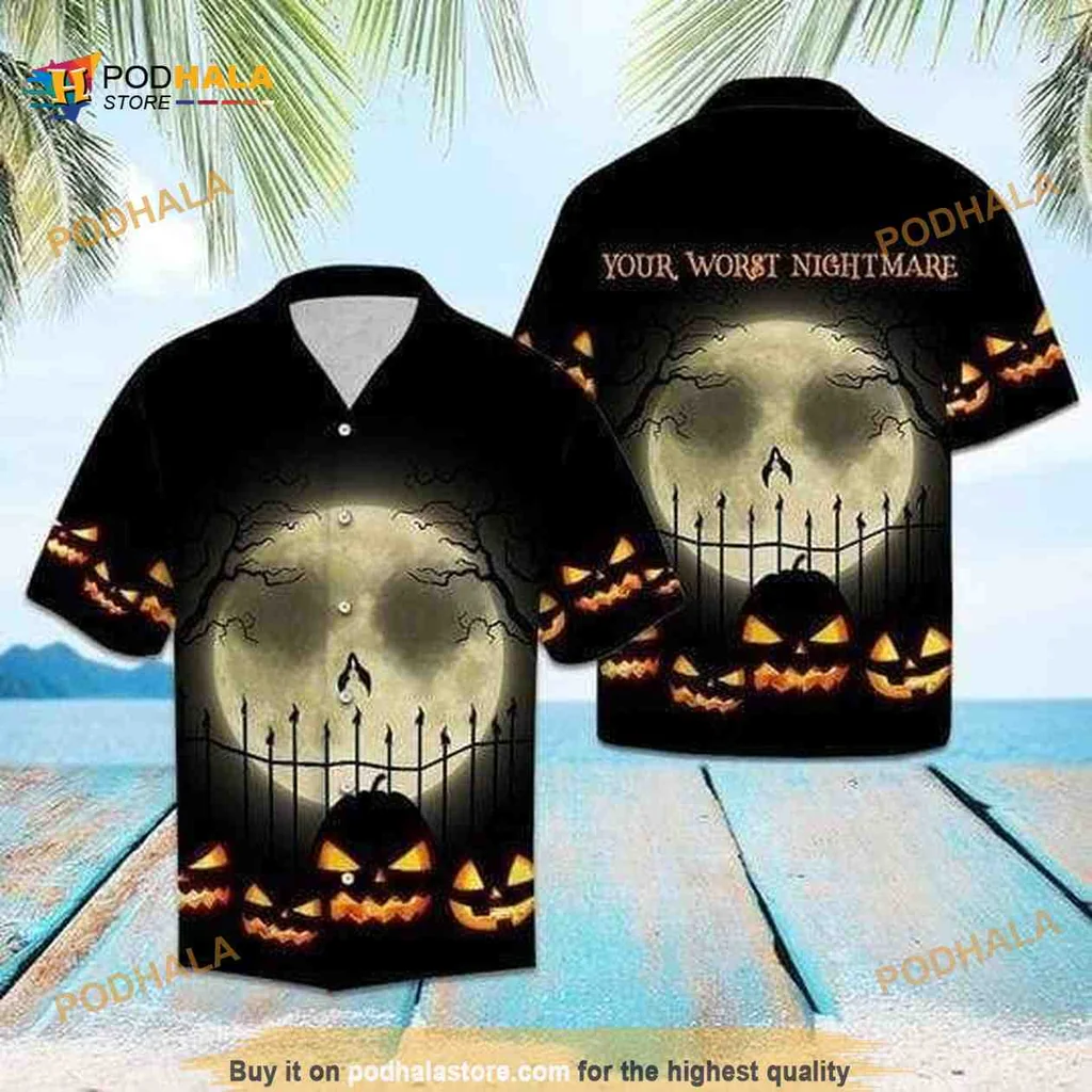 Halloween Nightmare Hawaiian Shirt With Spooky Moon And Jack O Lanterns