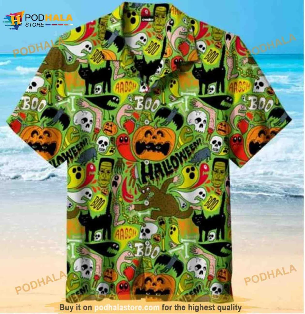Halloween Pattern Aloha Shirt With Pumpkins, Ghosts, And Cats