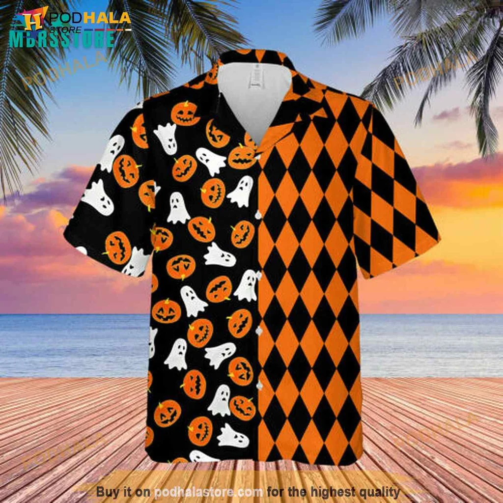 Halloween Pumpkin Ghost Hawaiian Shirt With Funky Diamond Pattern