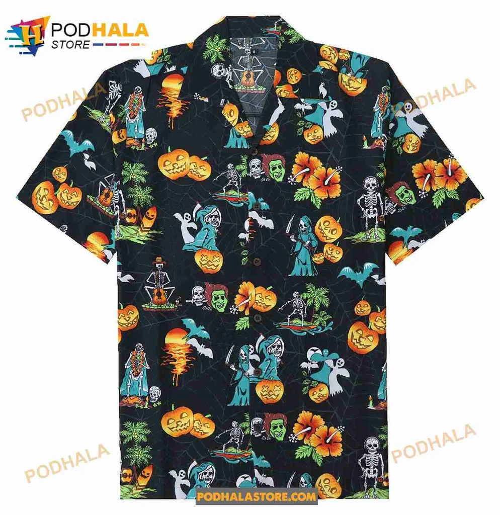 Halloween Pumpkin Skeleton Hawaiian Shirt With Grinning Jack O Lanterns