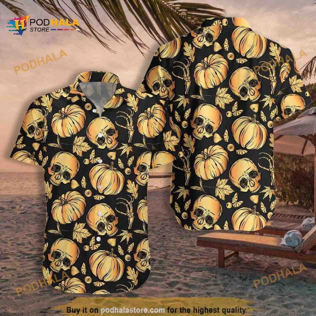 Halloween Pumpkin Skull Hawaiian Shirt With Whimsical Design