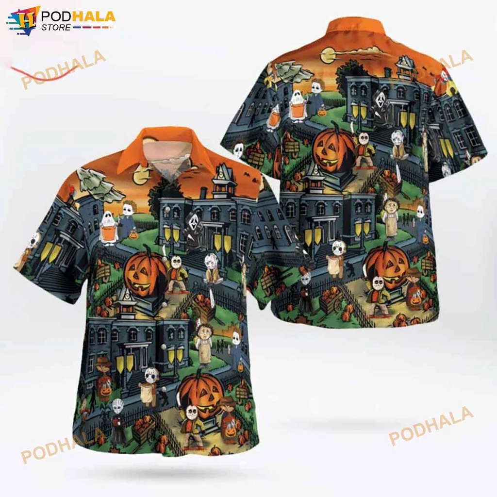 Halloween Pumpkin Town Hawaiian Shirt With Spooky Design And Grinning Pumpkins