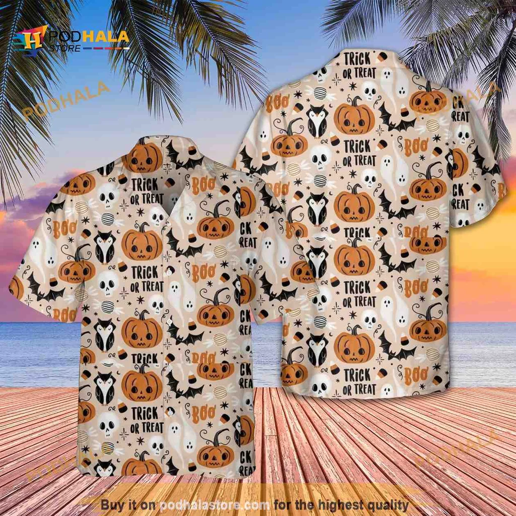 Halloween Pumpkin Tropical Shirt With Trick Or Treat Design
