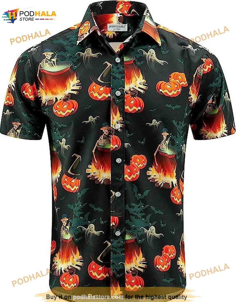 Halloween Pumpkins Aloha Shirt With Whimsical Witches Hats And Bats