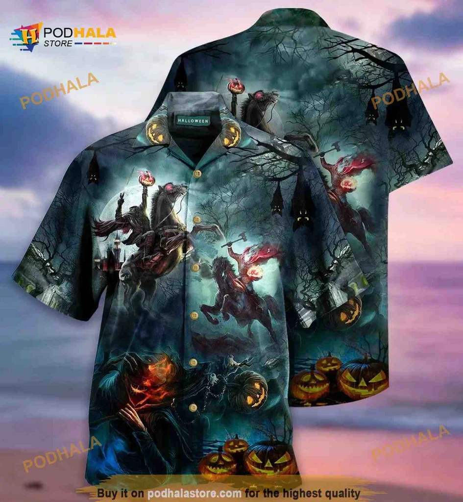 Halloween Skeleton Ghost Horse Hawaiian Shirt, Eerie Landscape Design