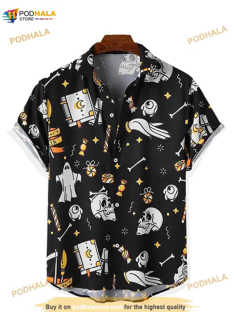 Halloween Skull Graphic Hawaiian Shirt With Fun Spooky Icons