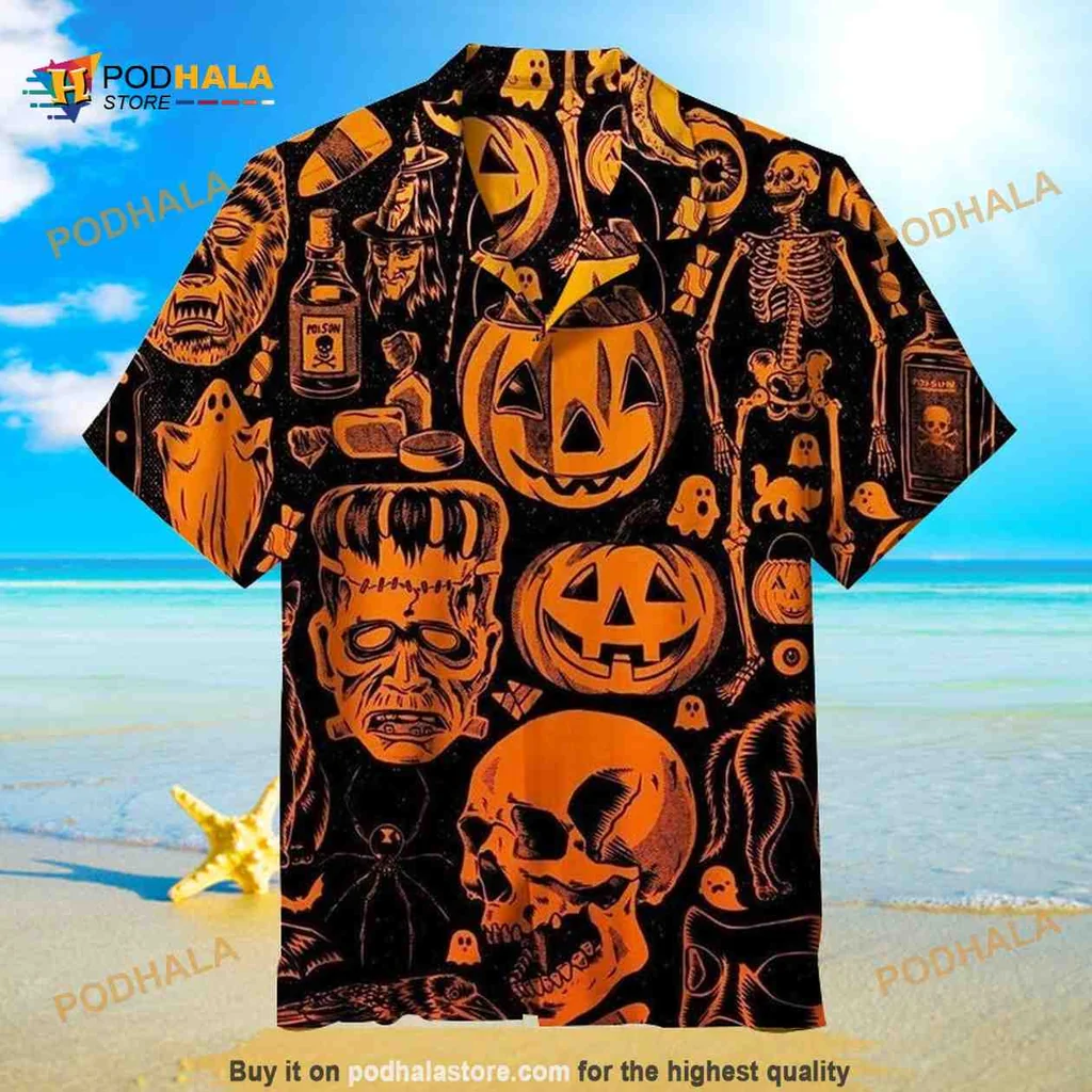 Halloween Skull Pumpkin Hawaiian Shirt With Spooky Characters