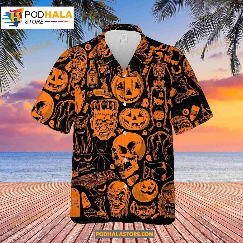 Halloween Skull Pumpkin Tropical Hawaiian Shirt With Spooky Design