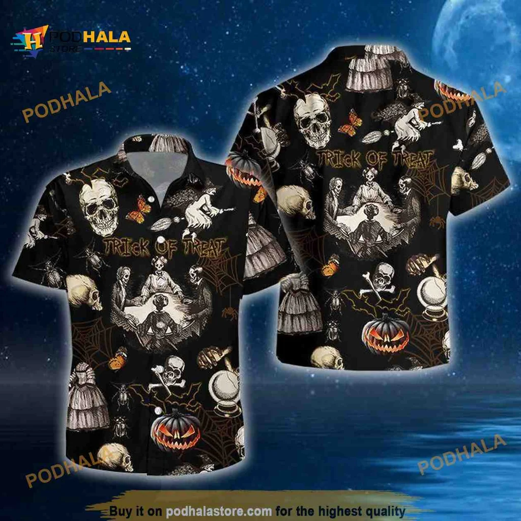 Halloween Skulls Hawaiian Shirt Featuring Trick Or Treat Design