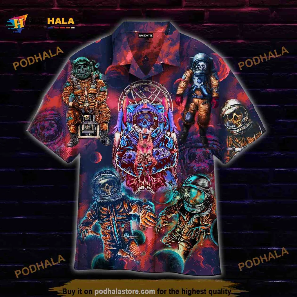 Halloween Spacemen Skull Hawaiian Shirt With Cosmic Astronaut Design