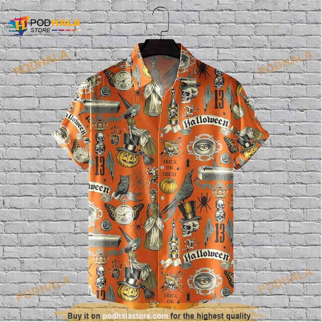 Halloween Themed Hawaiian Shirt With Skulls, Pumpkins, And Spiders