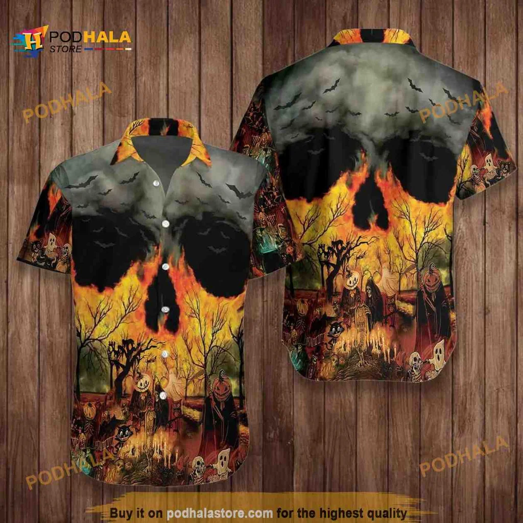 Halloween Themed Hawaiian Shirt With Spooky Landscape And Ghostly Figures