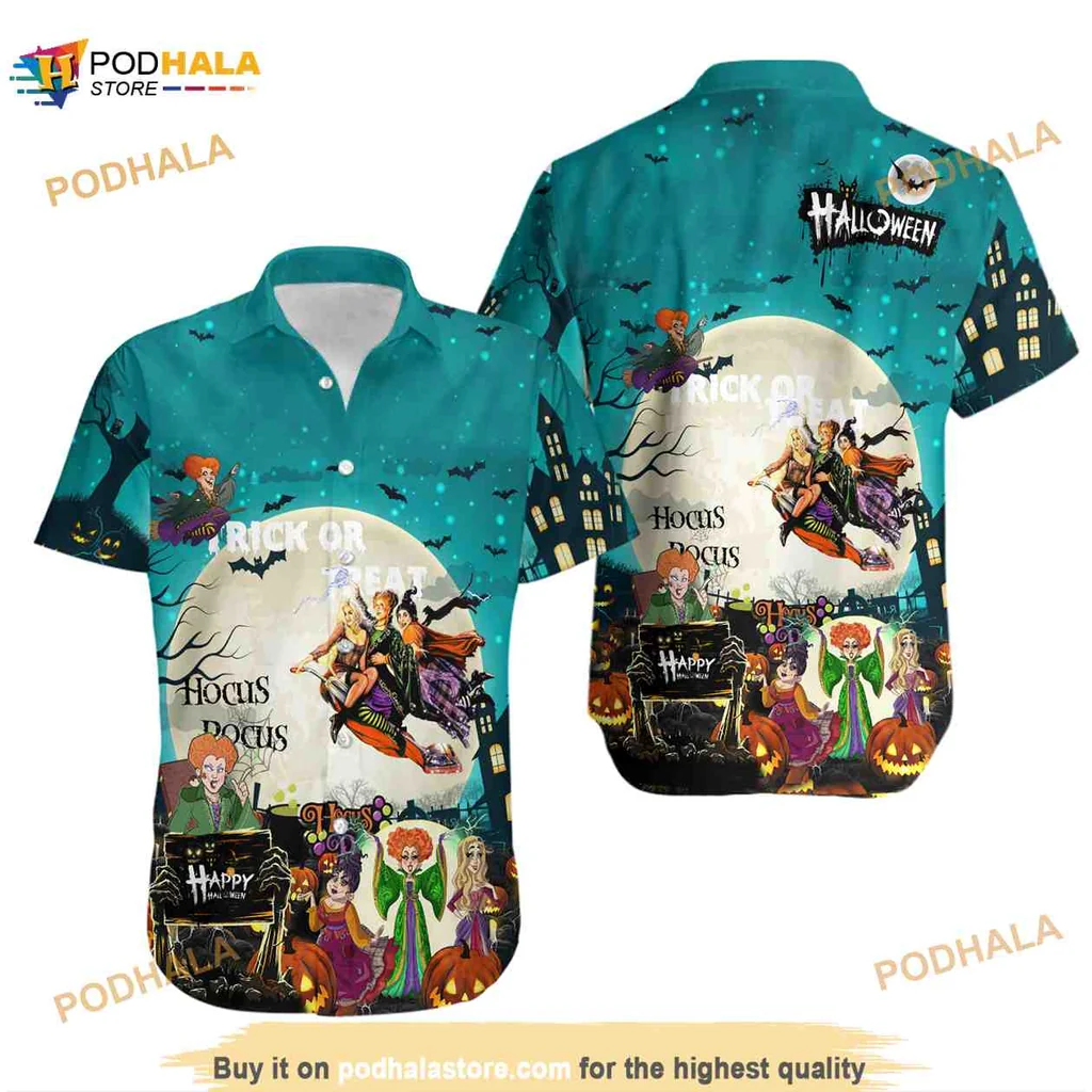 Halloween Tropical Aloha Shirt With Witches And Spooky Characters
