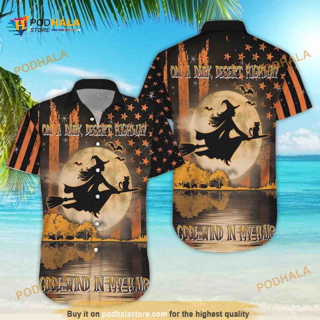Halloween Witch Silhouette Hawaiian Shirt With Glowing Moon Design