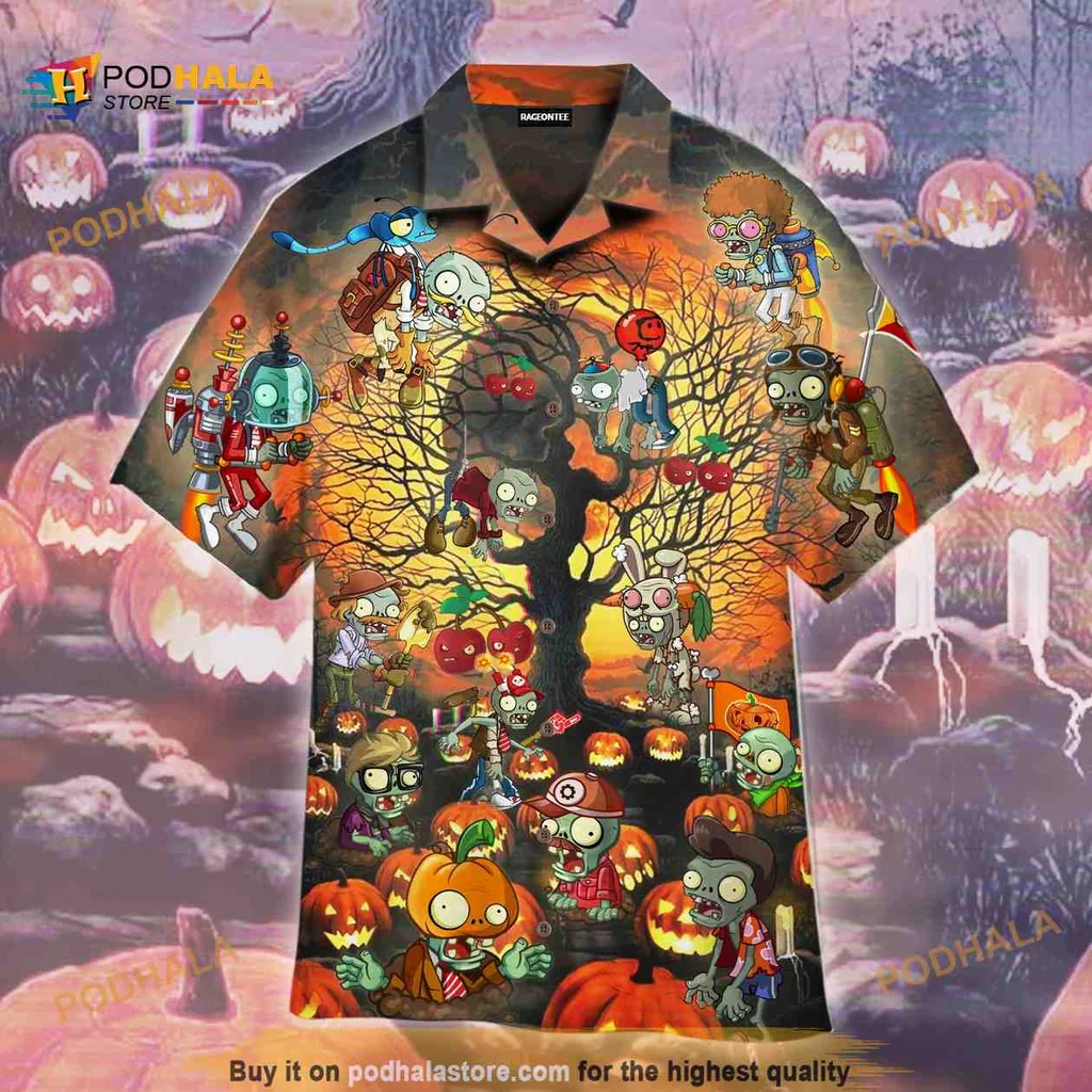 Halloween Zombie Hawaiian Shirt With Cartoonish Design And Twisted Tree