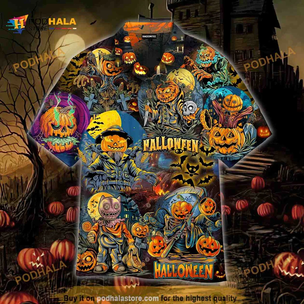 Halloween Zombie Pumpkin Hawaiian Shirt With Spooky Cartoon Design