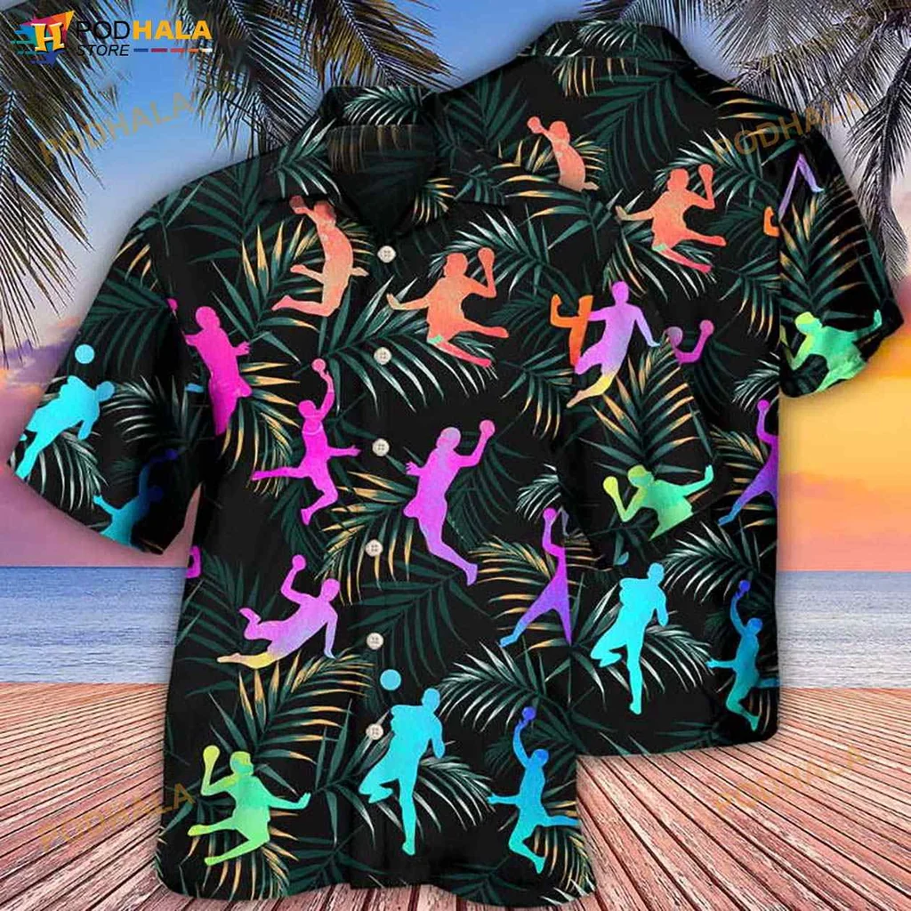 Handball Tropical Hawaiian Shirt With Colorful Silhouettes And Leafy Design
