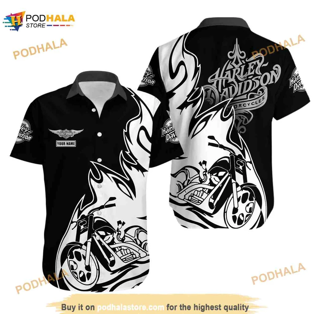Harley Davidson Motorcycle Aloha Shirt With Bold Graphic Design