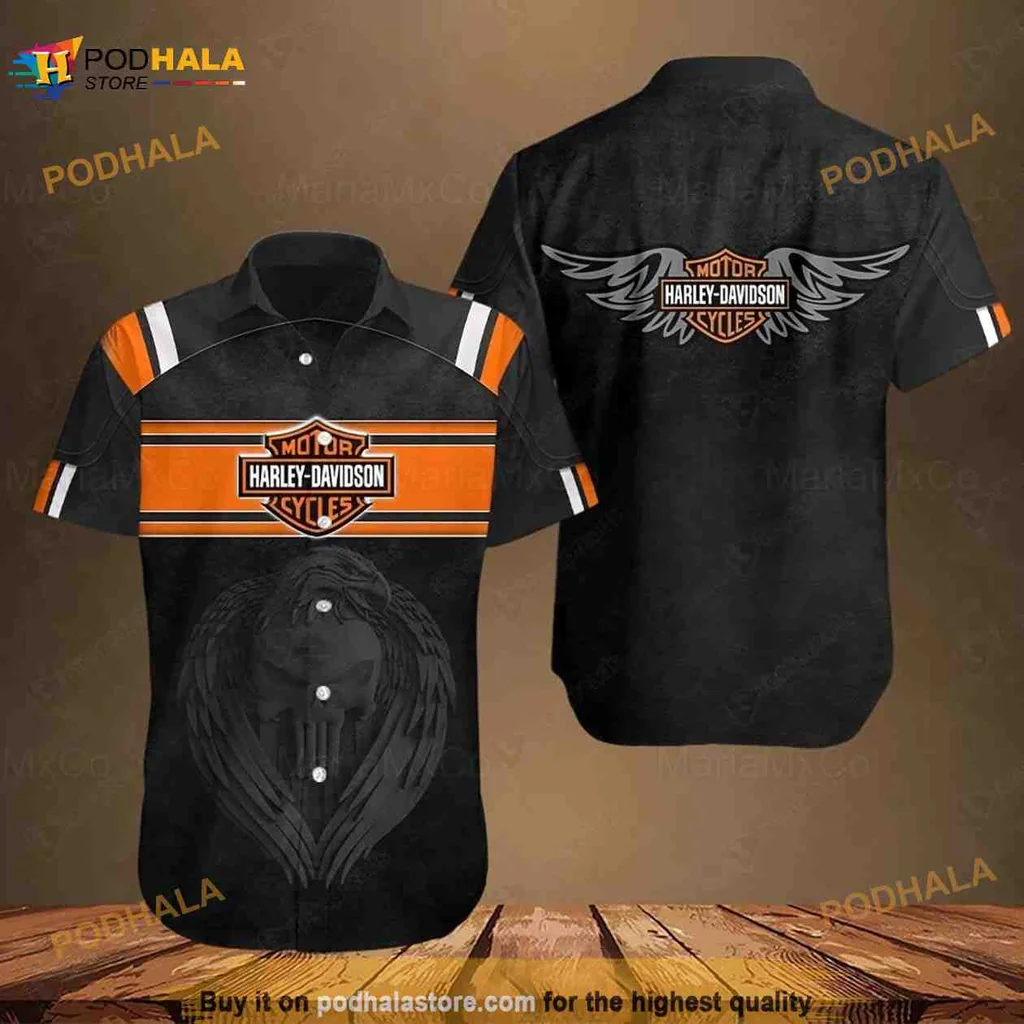 Harley Davidson Motorcycle Aloha Shirt With Bold Wing Design