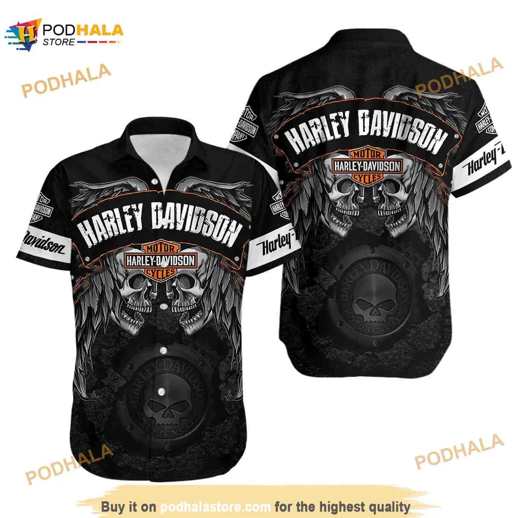 Harley Davidson Skull Wings Hawaiian Shirt For Motorcycle Enthusiasts