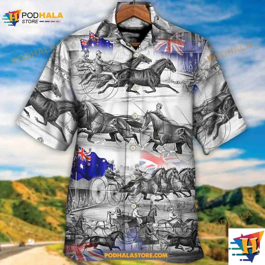 Harness Racing Australian Flag Hawaiian Shirt Featuring Dynamic Horse Design