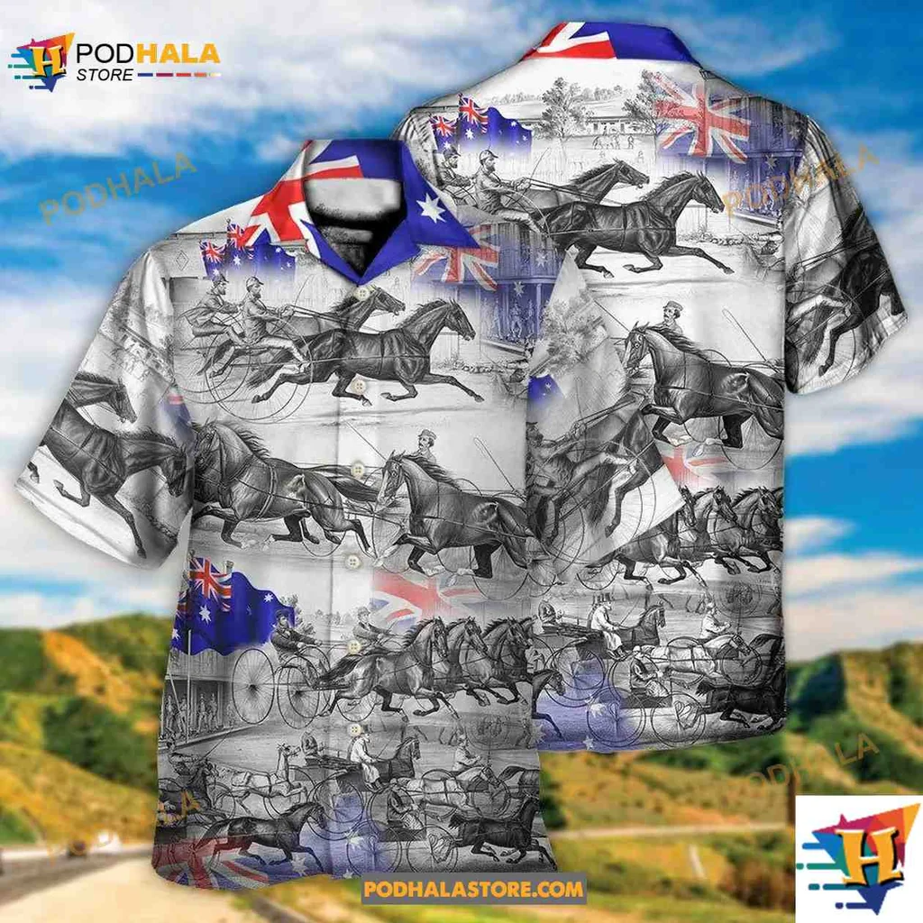 Harness Racing Australian Flag Aloha Shirt Featuring Dynamic Horse Design Harness Racing Australian Flag Aloha Shirt Featuring Dynamic Horse Design