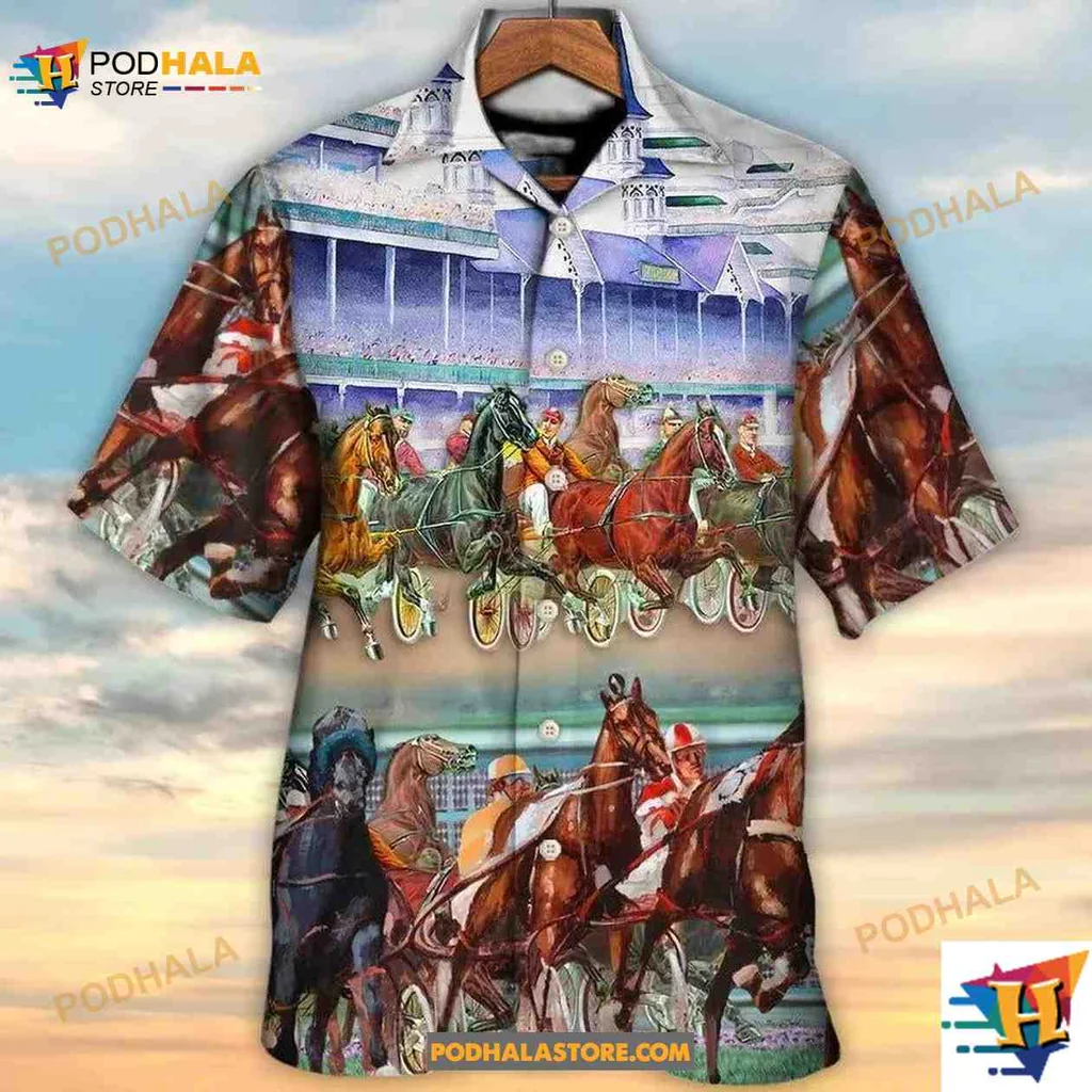 Harness Racing Horse Tropical Shirt Featuring Colorful Equestrian Design Harness Racing Horse Tropical Shirt Featuring Colorful Equestrian Design