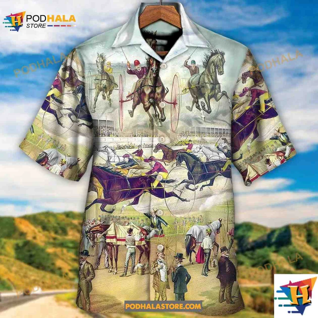 Harness Racing Horse Lover Hawaiian Shirt Featuring Vibrant Racing Scenes