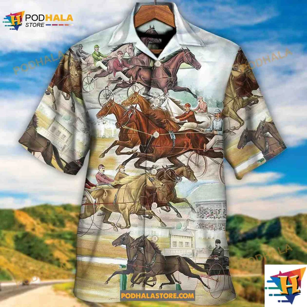 Harness Racing Horse Lovers Hawaiian Shirt Featuring Dynamic Racing Design